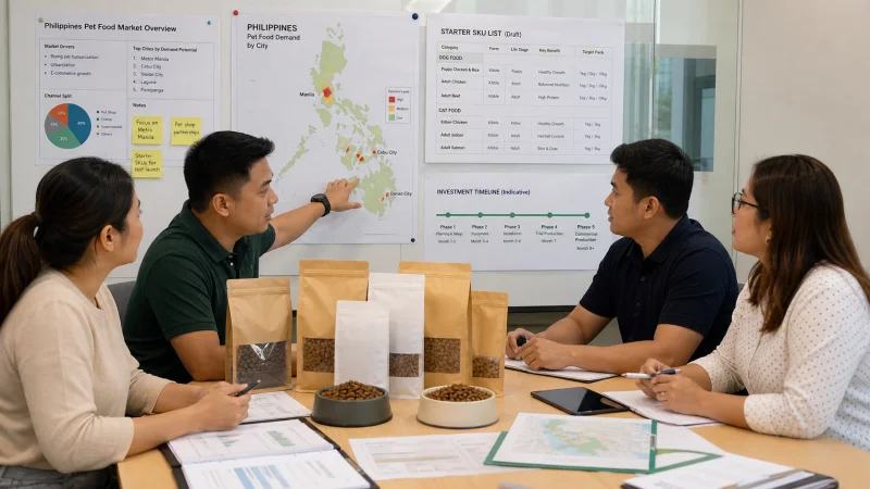 Philippine importer team reviewing city demand and starter pet food SKU planning