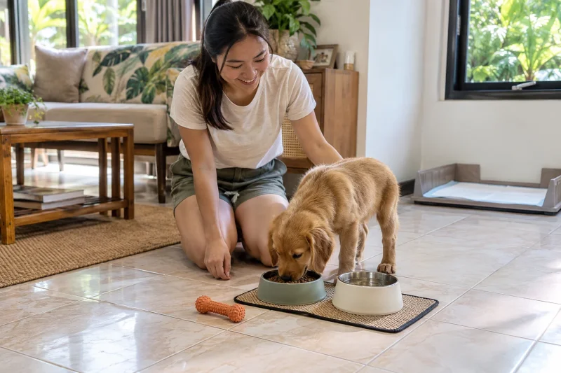 Puppy in a Filipino home with feeding bowls, a toy and a separate toilet-pad area